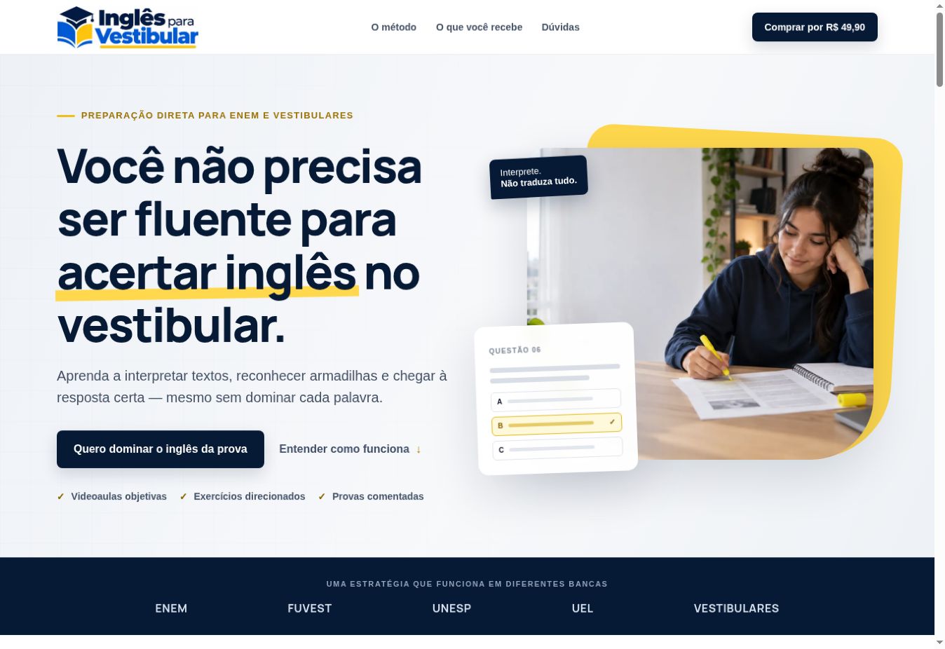 Página de vendas do curso Manual do Inglês para Vestibular